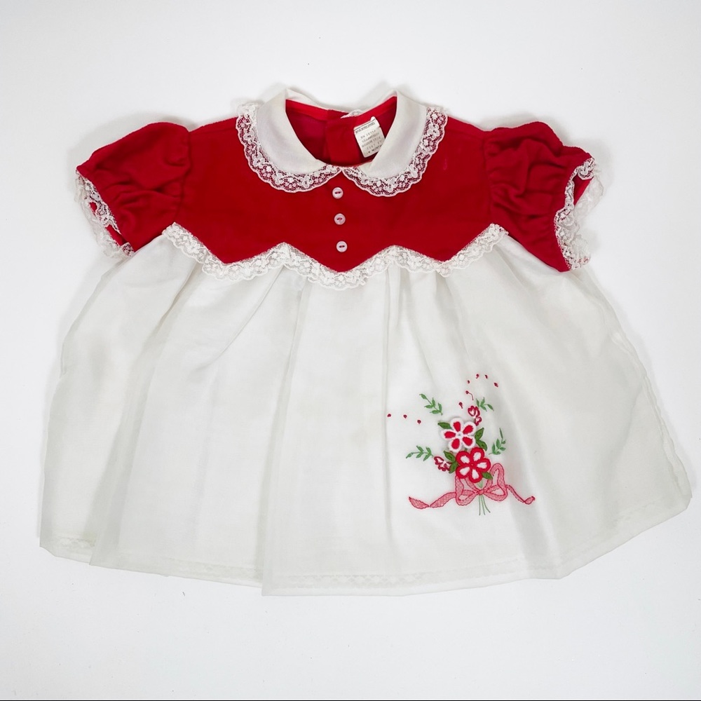 Vintage 70s Baby Christmas Red Lace and Floral Blouse